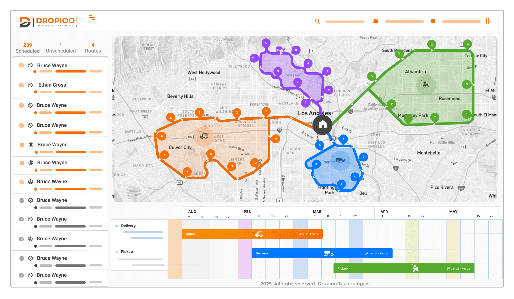 Dropioo dashboard showing optimized multi-driver routes on a map